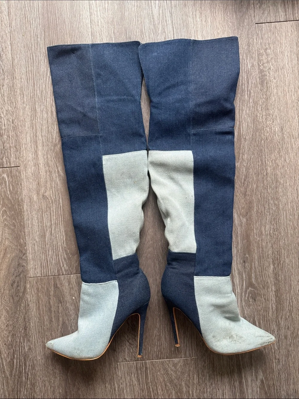 Over-the-Knee Two-Tone Blue and Light Gray Stiletto Boots